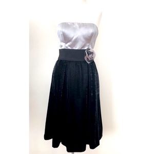 Lita Mortari Strapless Dress Midi Silk Rose Flower A-Line Belted Formal